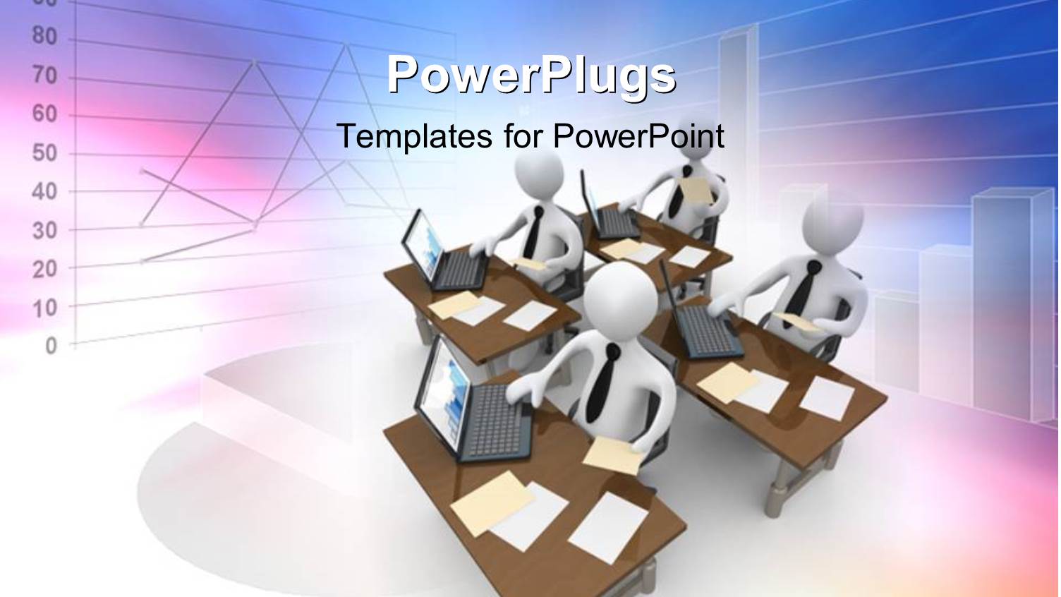 Four 3D Data Analysts with Laptops on Desk and Several Charts