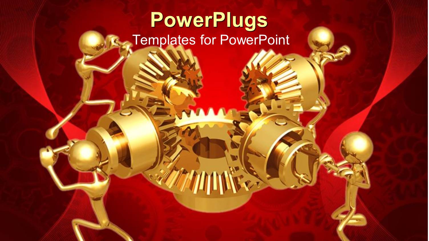 Four 3D Golden Figures Working in Team to Make Mechanical Gear Work