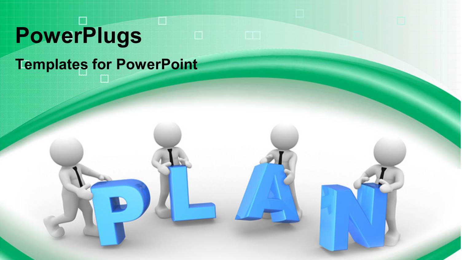 Four 3D Men Working Together on a PLAN on Green and White Background