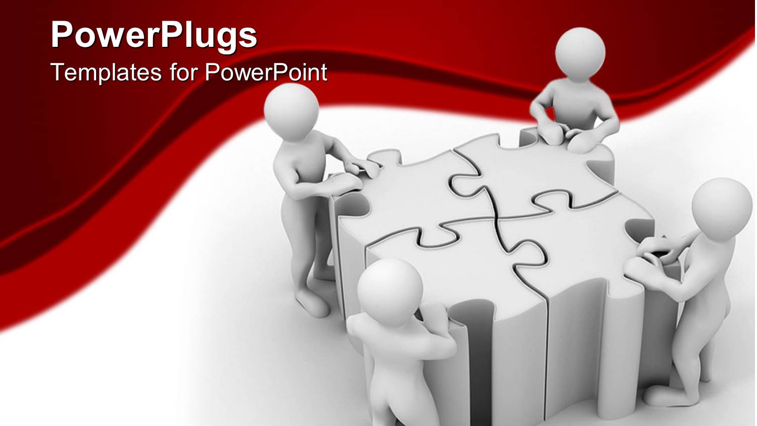 Four 3D White Figures Uniting large Jigsaw Puzzle Blocks