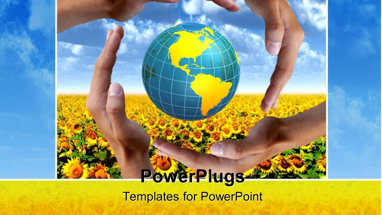 Four Adult Hands Covering an Earth Globe on a Flower Field