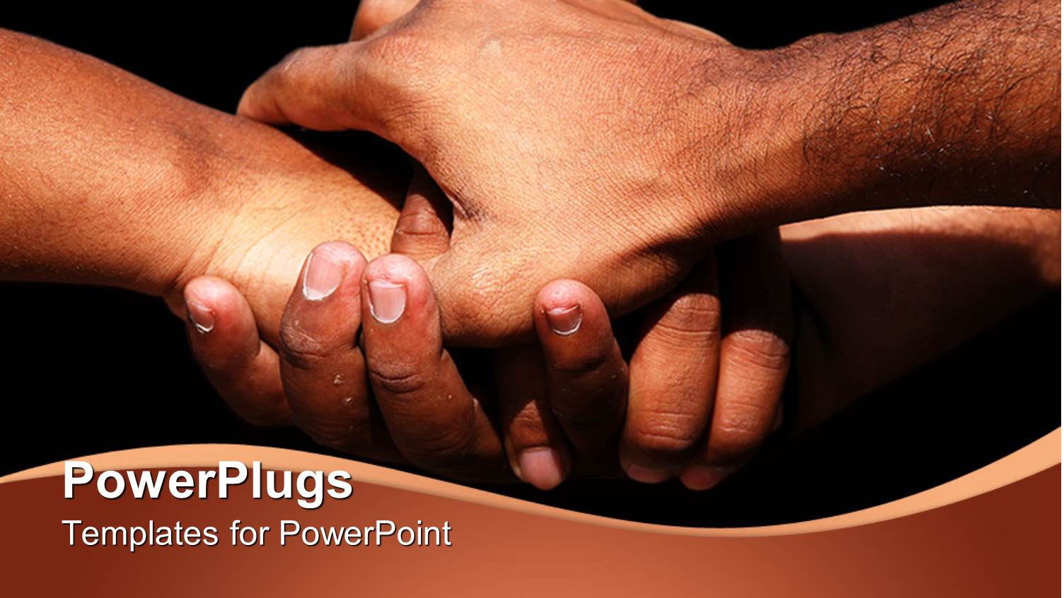 Four Adult Hands Showing Team Work on a Black Background