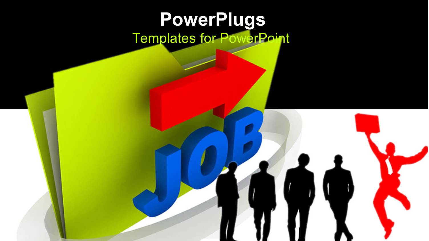 Four Black Silhouettes and Red Leaping Silhouette Next to large Green Folder with Job and Red Arrow