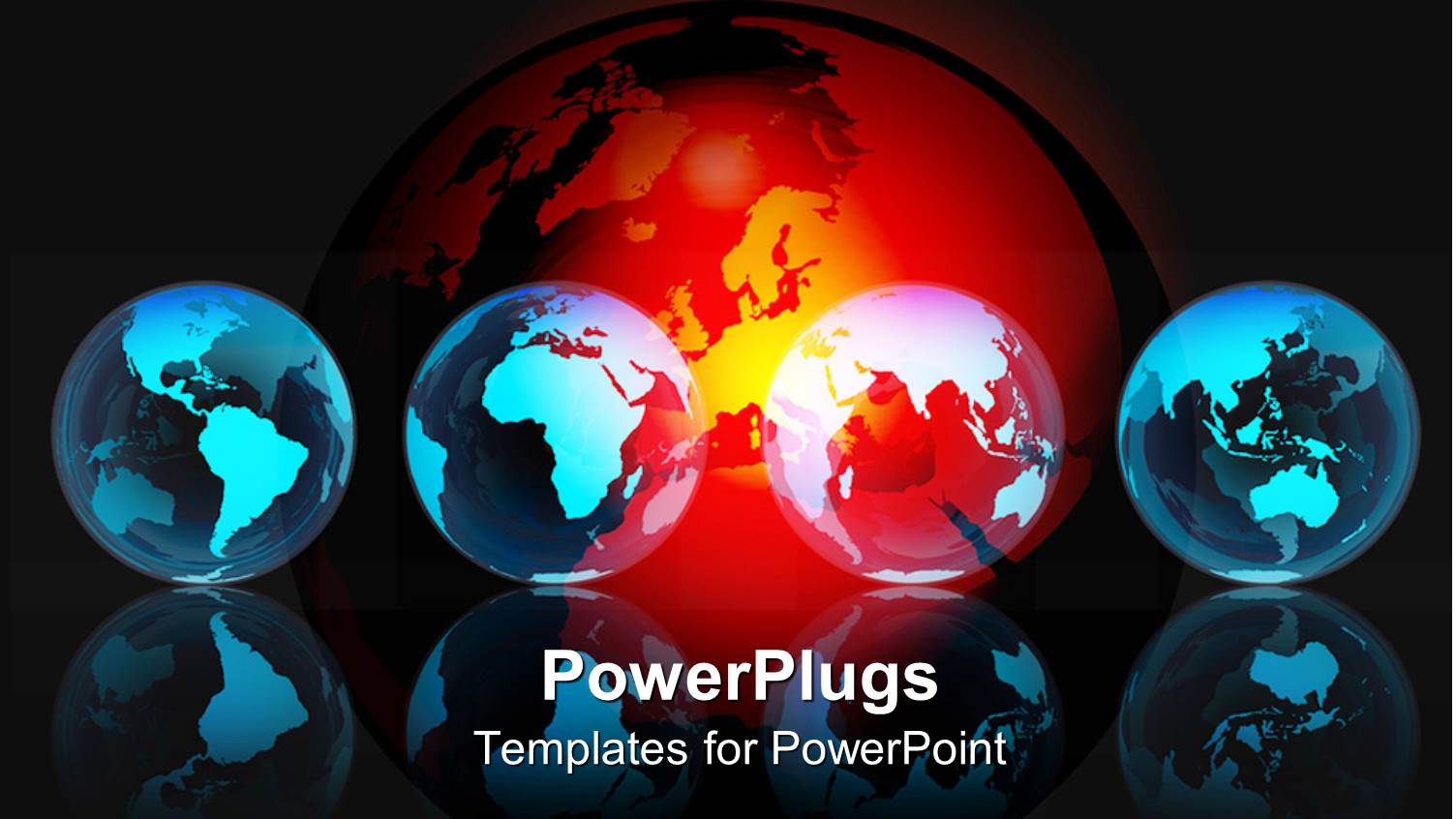 Four Blue Earth Globes and a large Red Earth Globe Behind