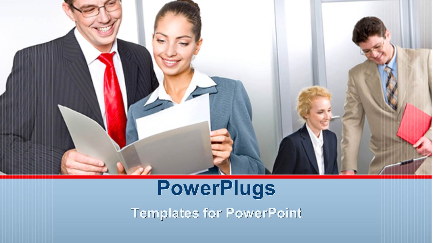 Four Business Men and Women Smiling and Looking at Reports