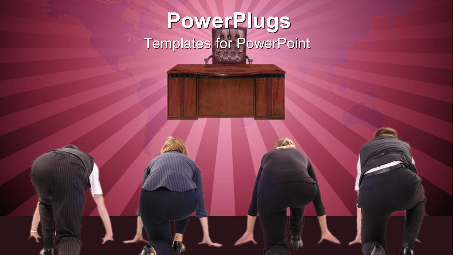 Four Business People Lined Up in a Race with Director Desk and Chair and Map of World in the Background