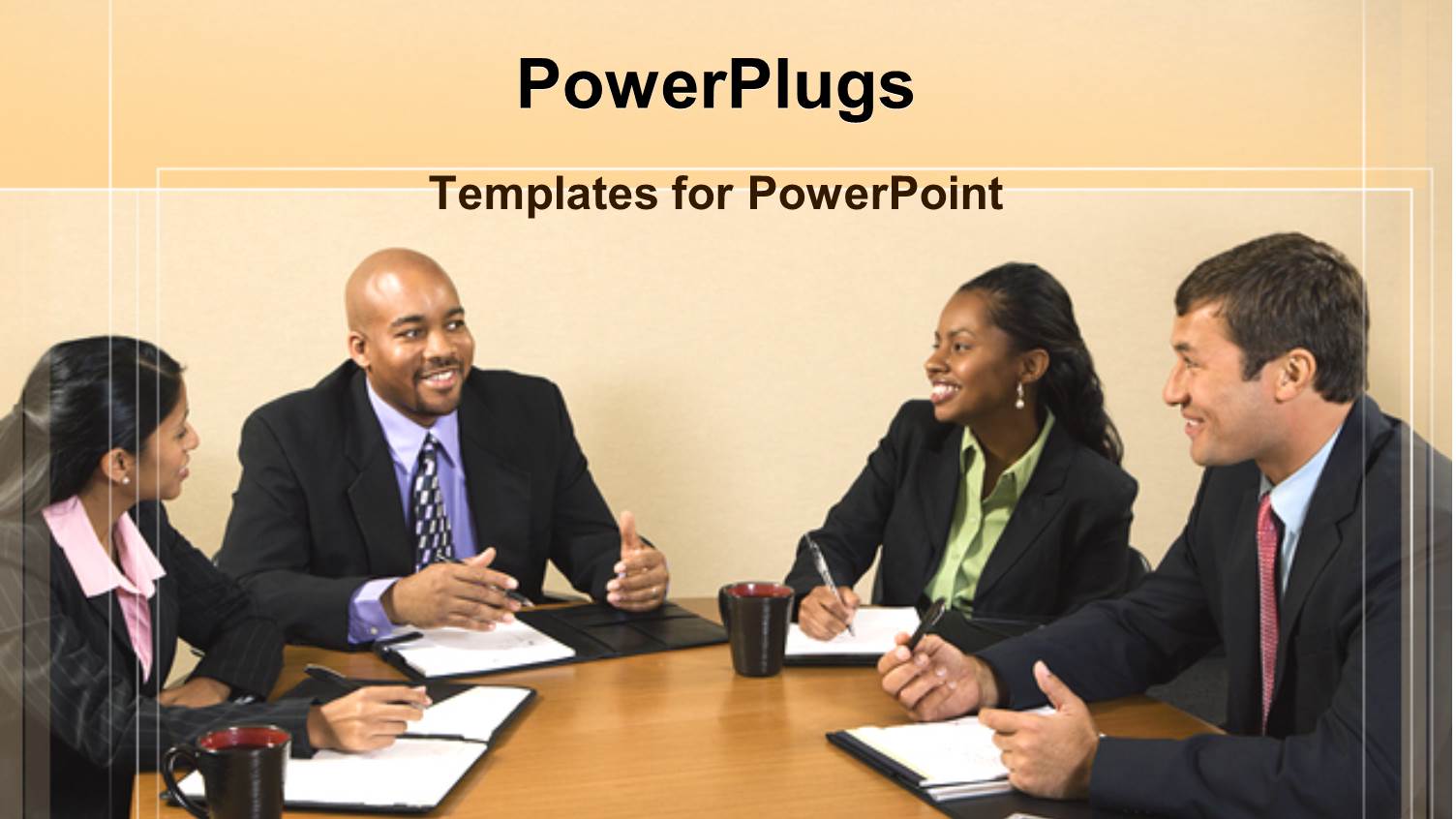 Four Business People Smiling and Having a Conference Table Meeting