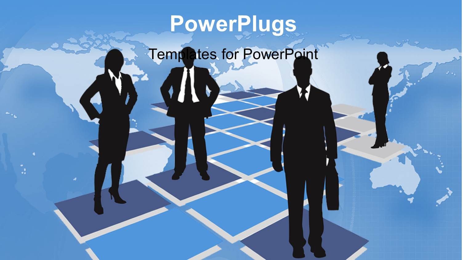 Four Business People Standing on Purple Tiles with a Map