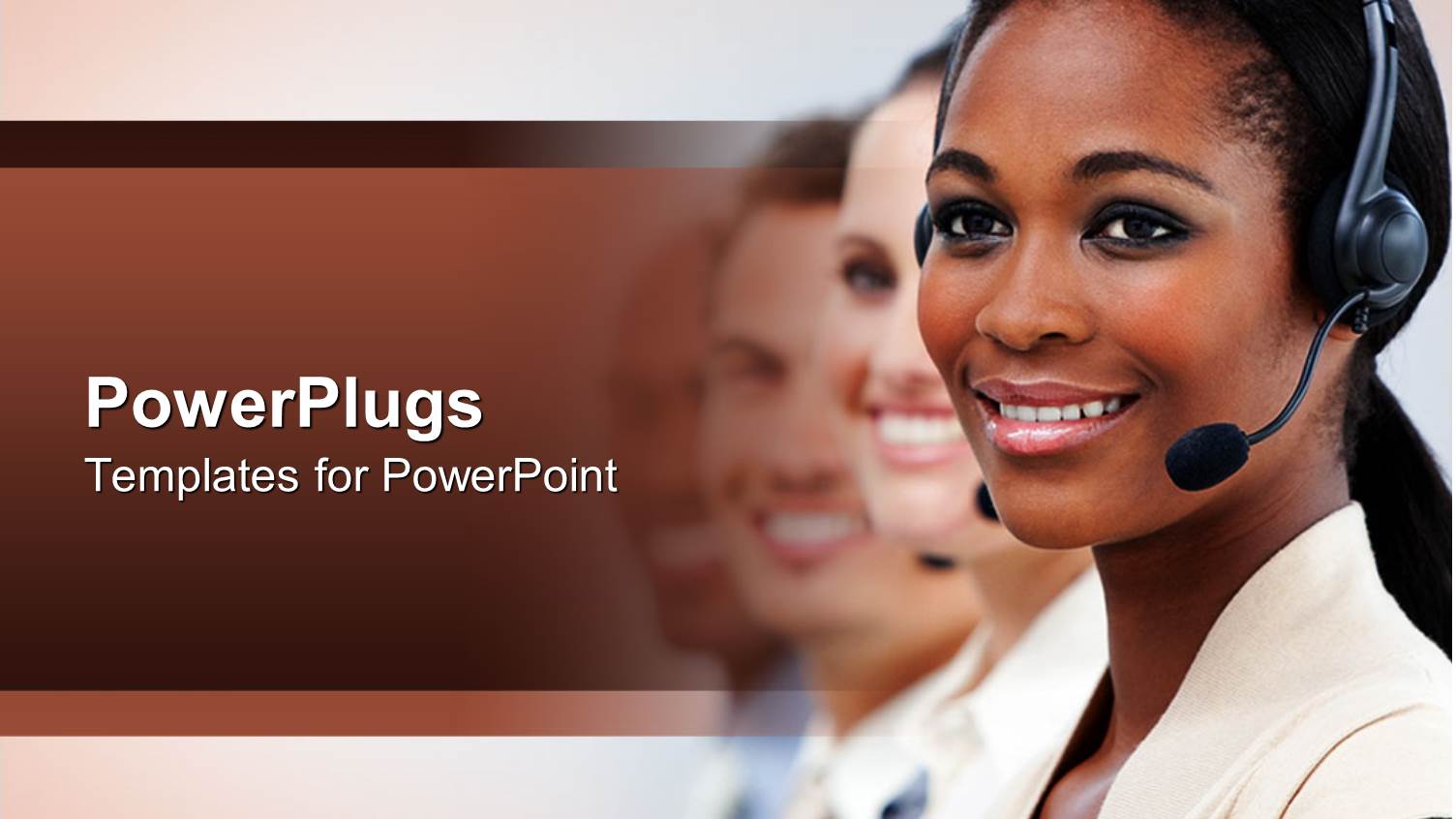 Four Business People Wearing Headphones Smiling and Staring with a Blurry Background