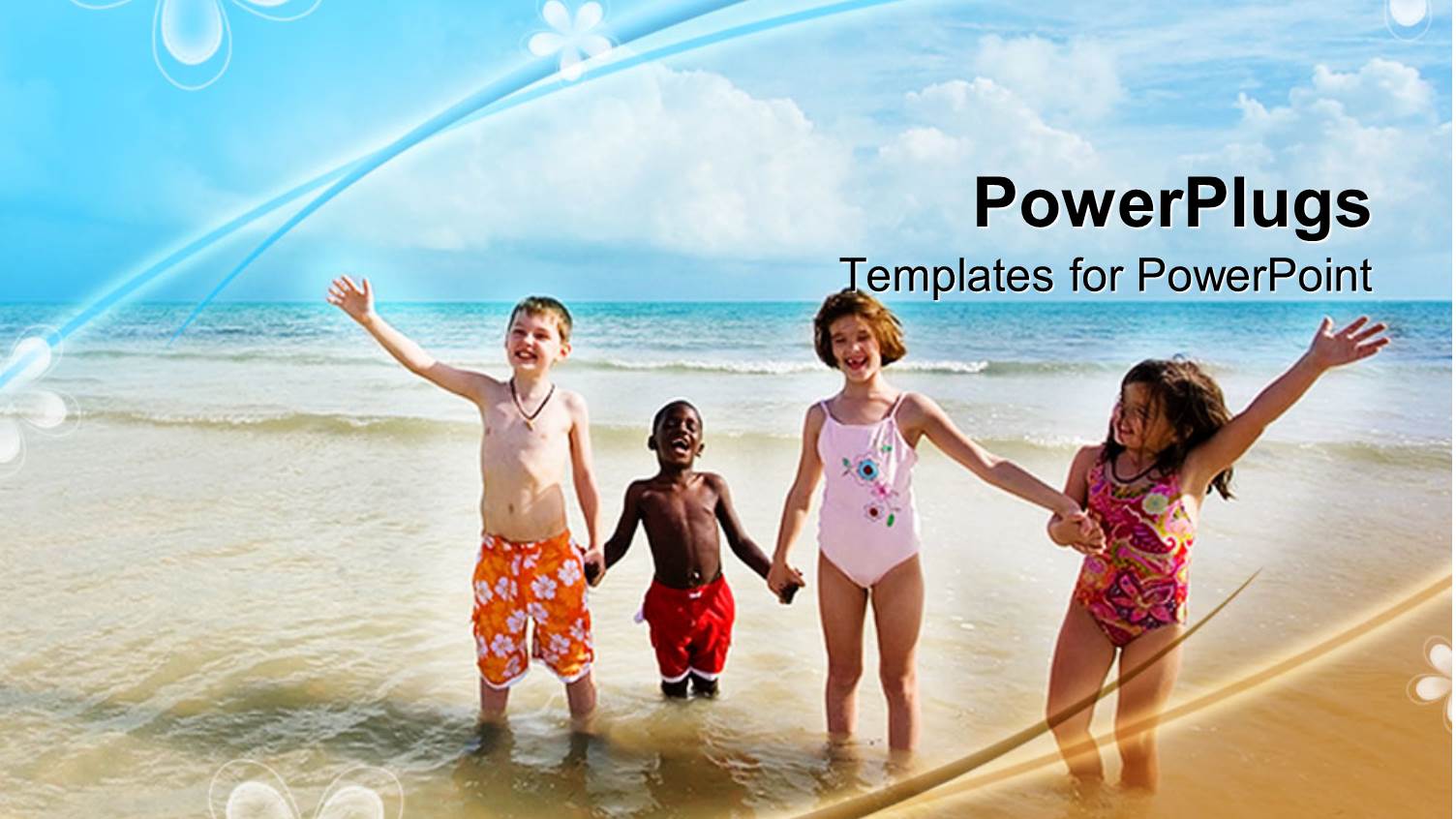 Four Children on Beach, Diversity, Flower Background