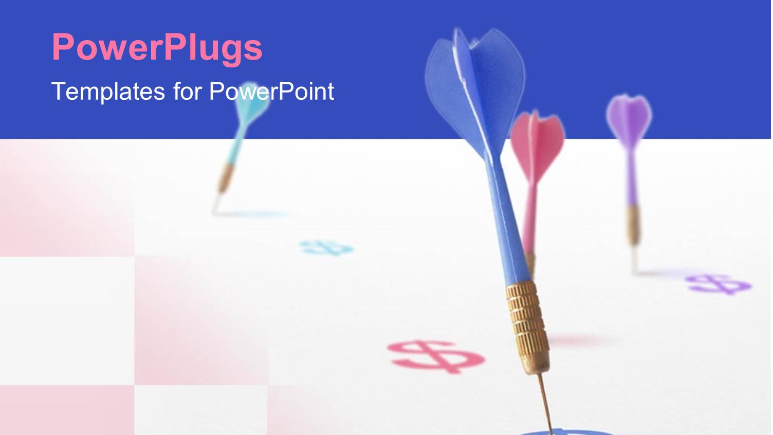 Four Colorful Darts and Four Dollar Signs on Checkered Background