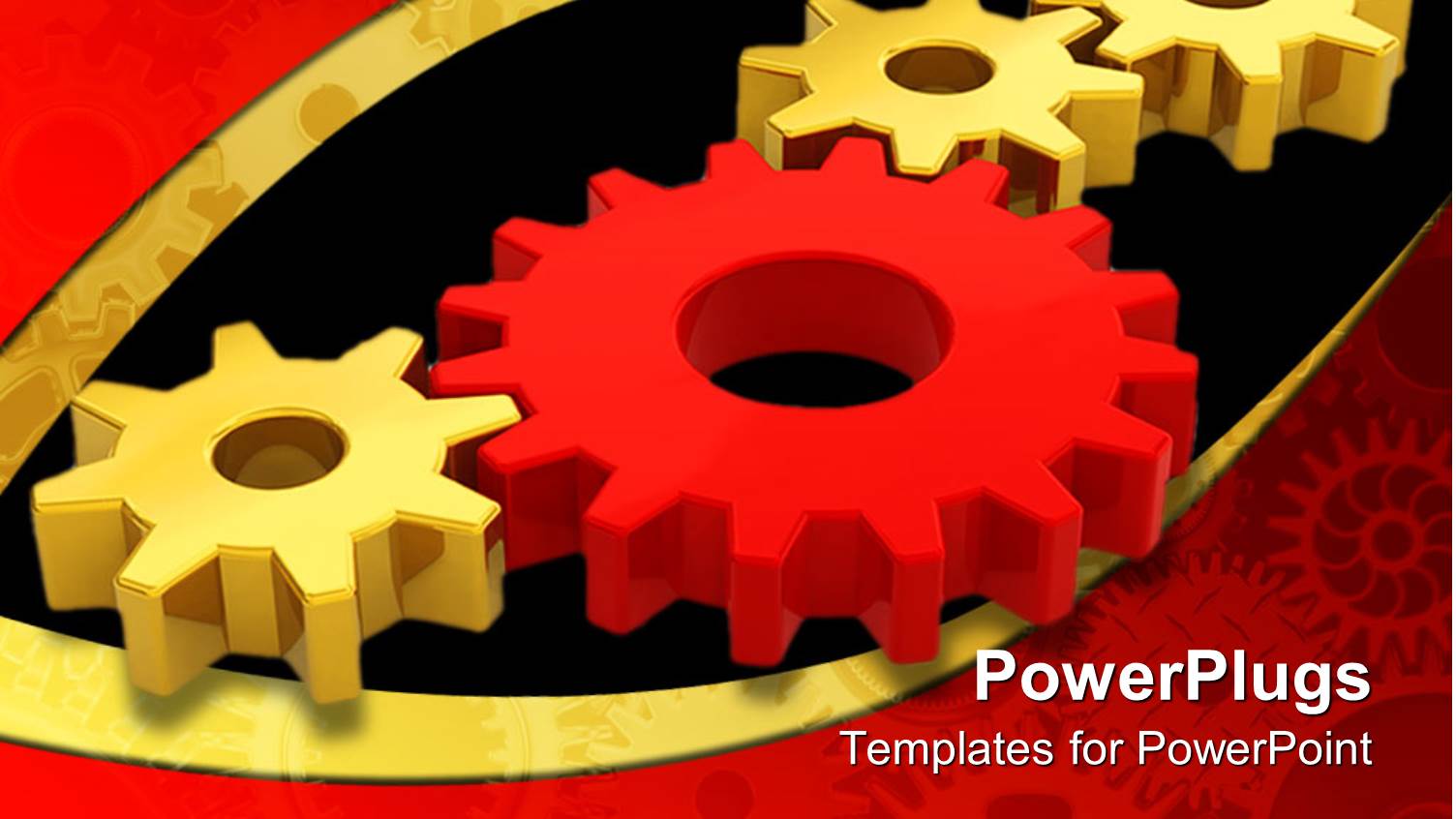 Four Connected Gears with Three Golden Gears and One Red Gear Between them