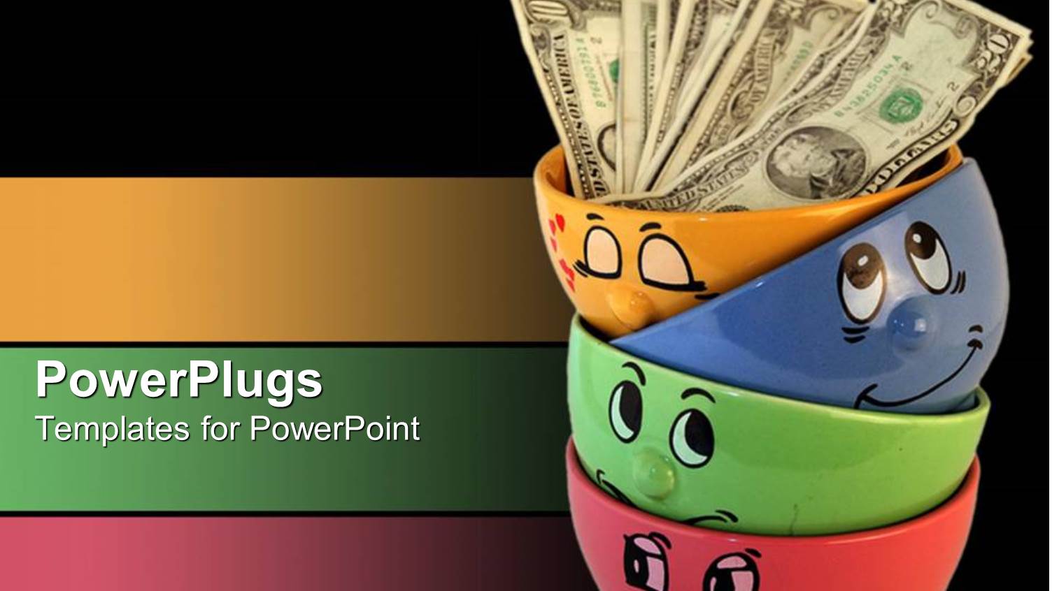 Four Coulorful Soup Bowls Stacked Up with some Dollar Bills Inside