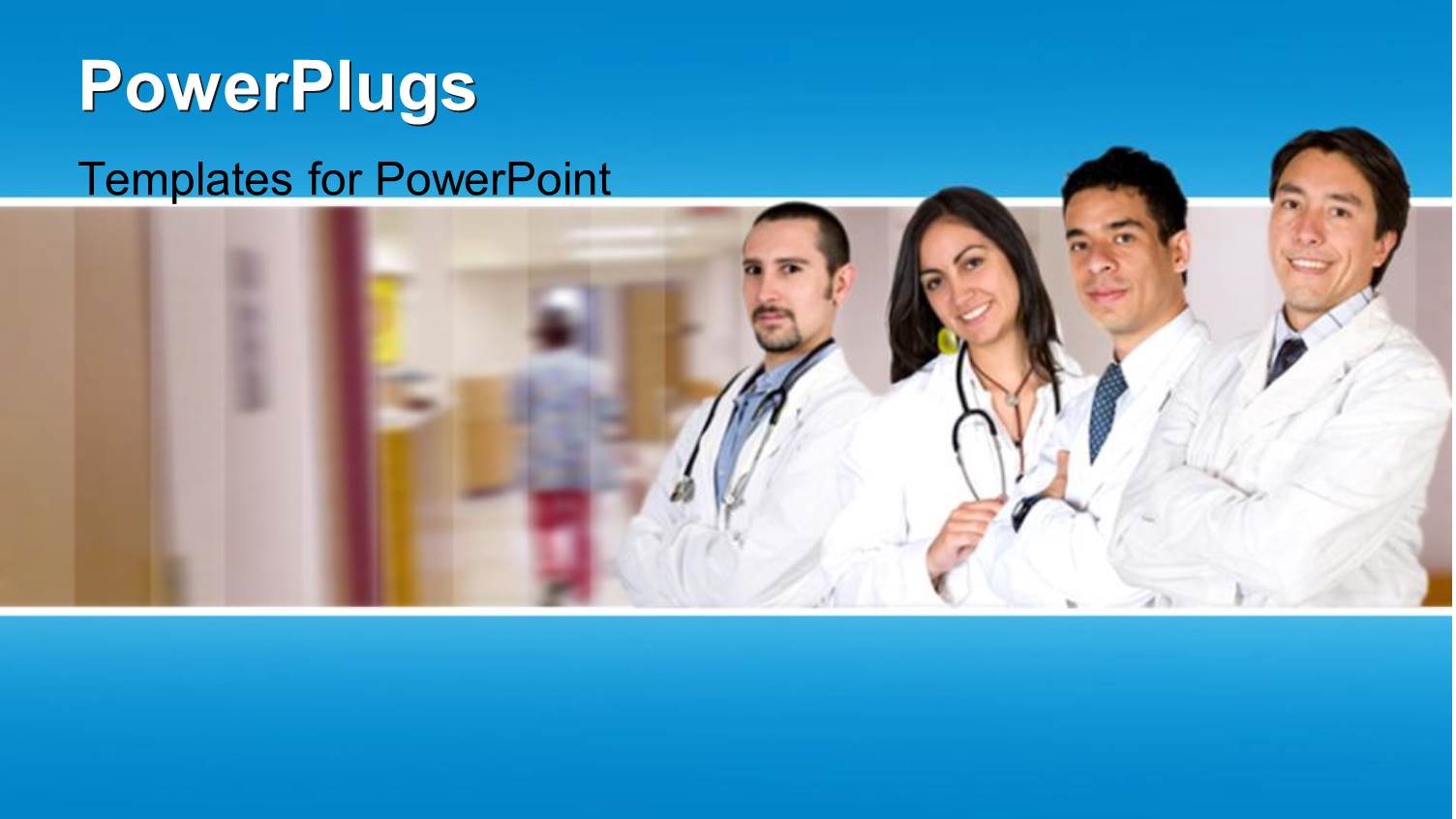 Four Doctors Standing in Line and Smiling in a Hospital Background