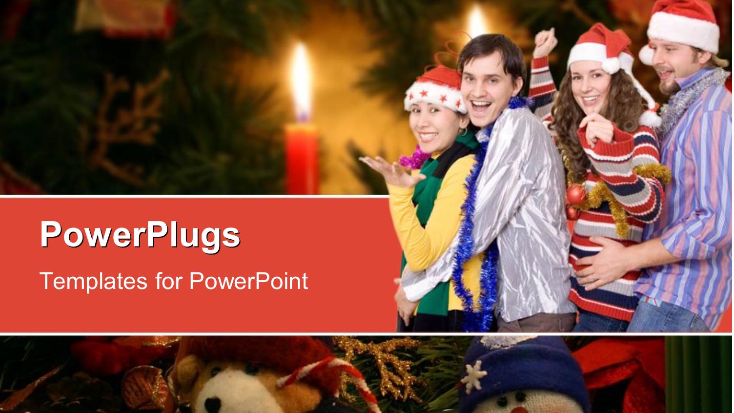 Four Friends Happily Dancing and Partying with a Christmas Tree