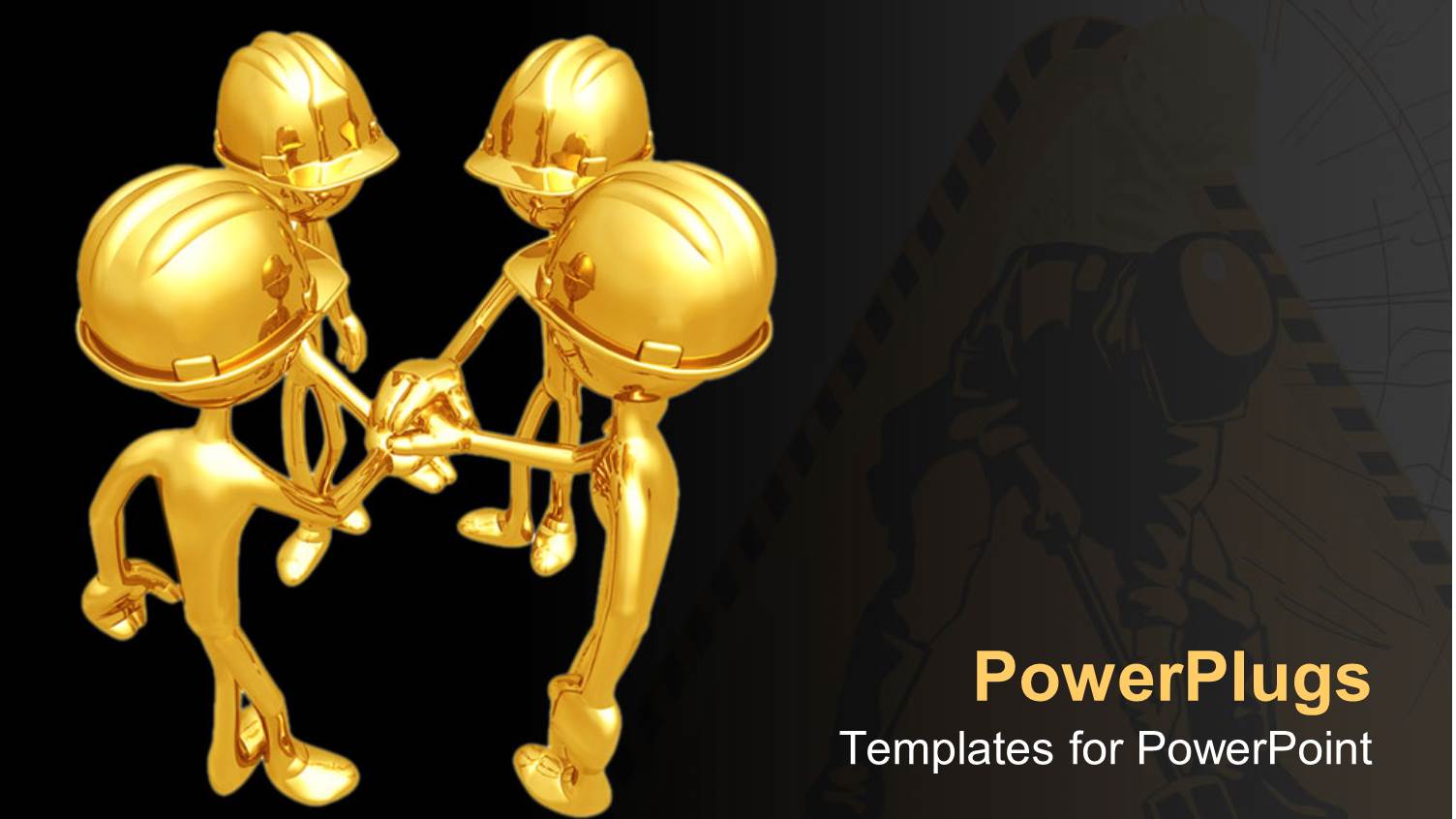 Four Gold Figures in Hard Hats Grasping Hands in Center, Team Work