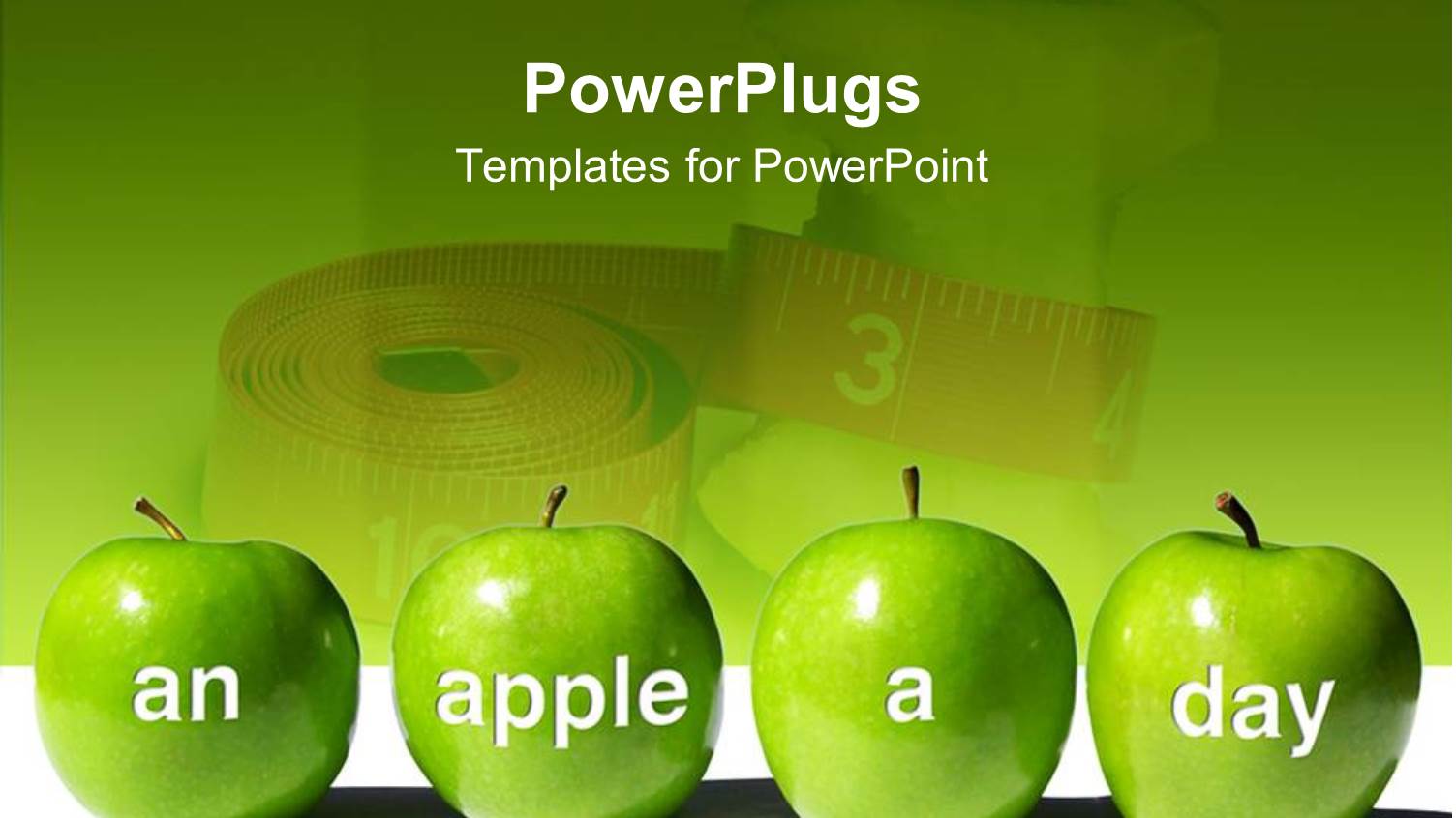 Four Green Apples with Words an Apple a Day in Front of Measuring Tape
