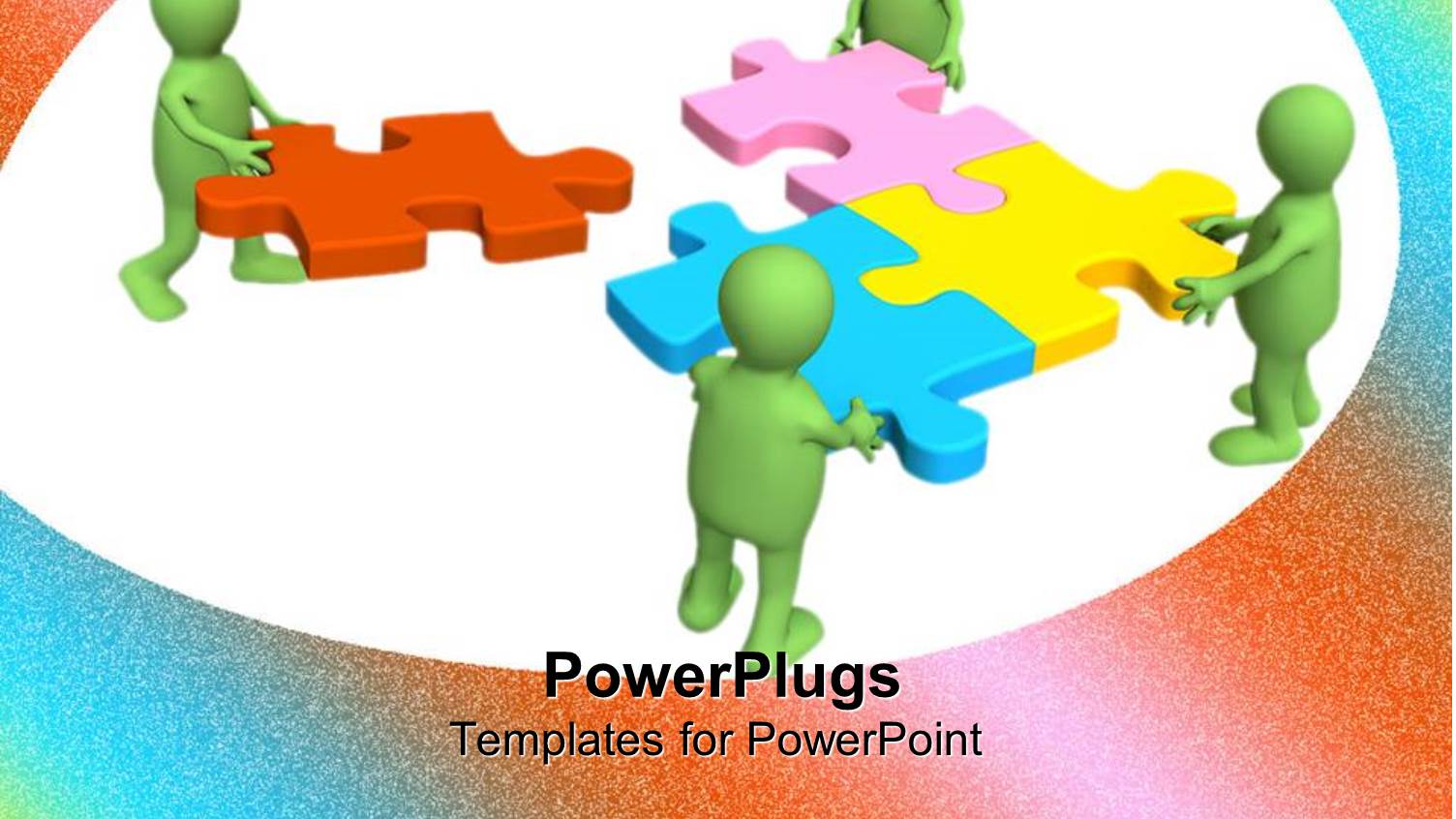 Four Green Characters Building Up a Multi Colored Puzzle Piece