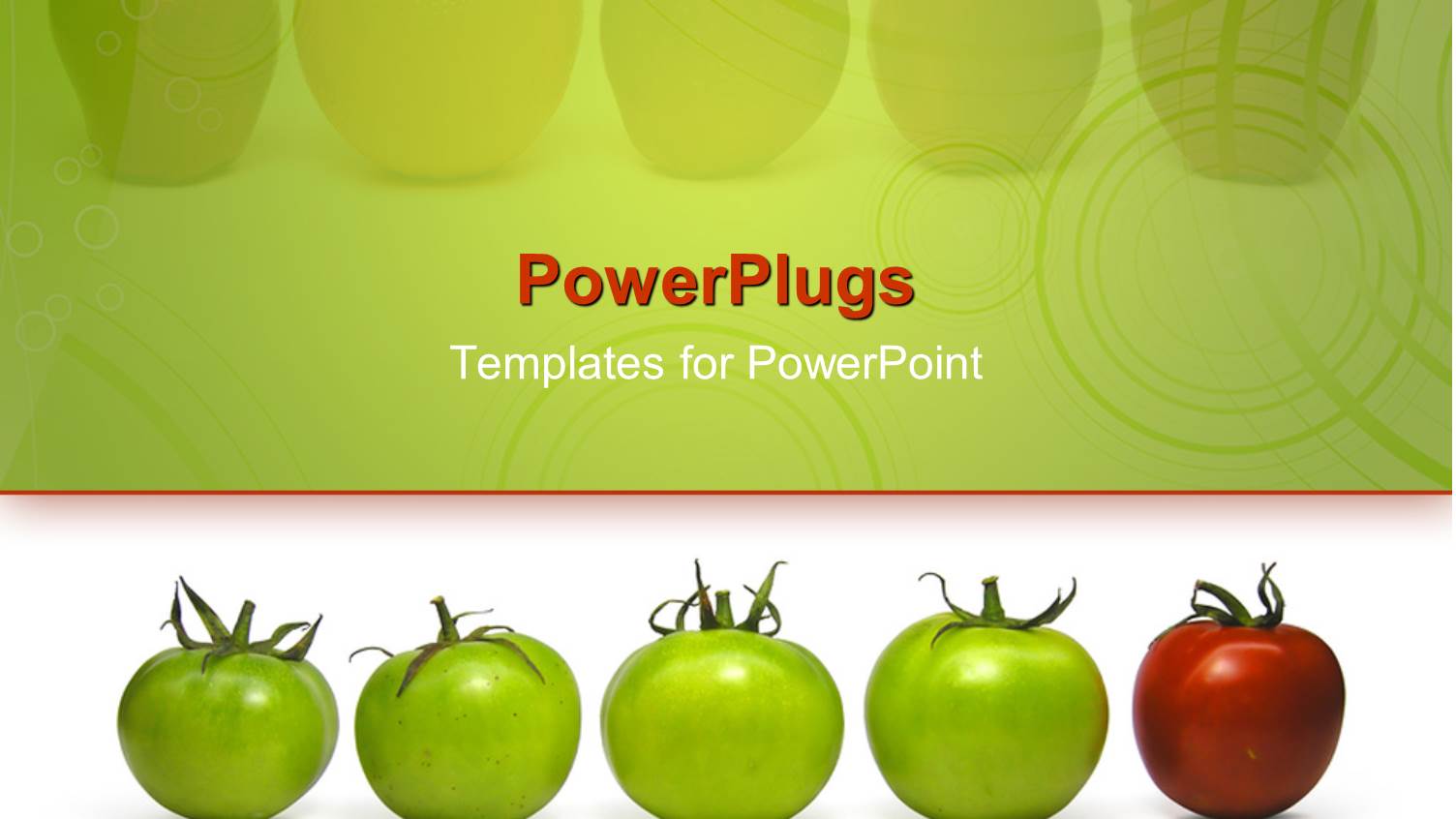 Four Green Tomatoes and a Red One Lined Up