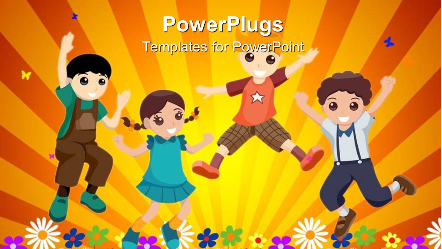 Four Happy Kids Jumping in Garden of Flowers in Yellow Background