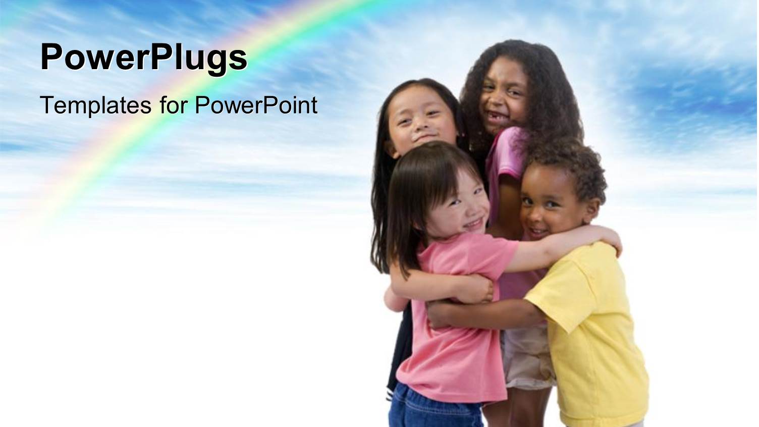 Four Happy little Kids Hugging on White Background with Rainbow in Sky