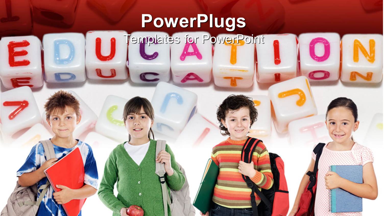 Four Kids Carrying School Bags and Learning Materials with Education Cube