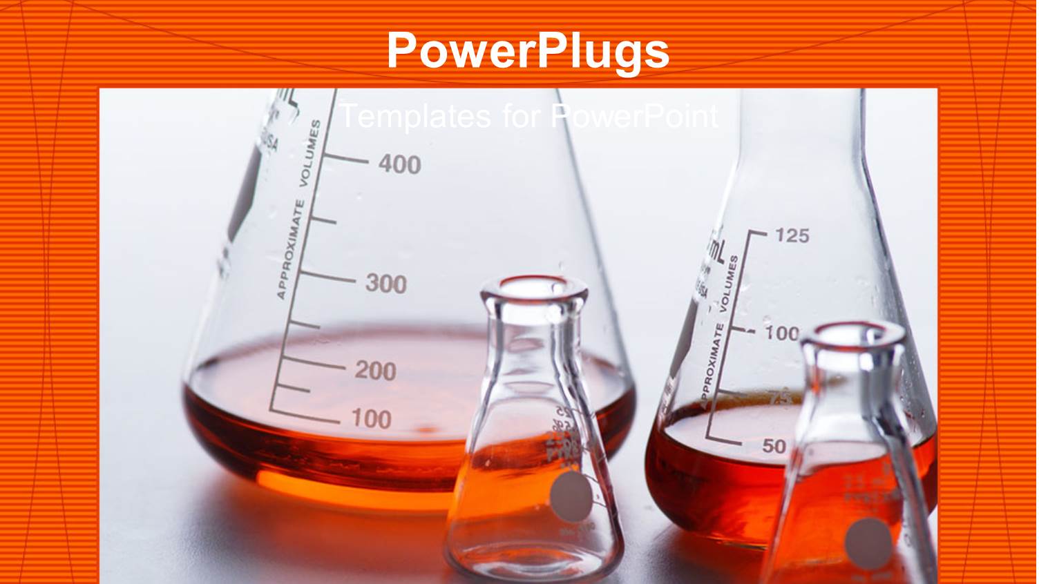 Four Lab Beakers Holding Orange Liquid Over Orange Background