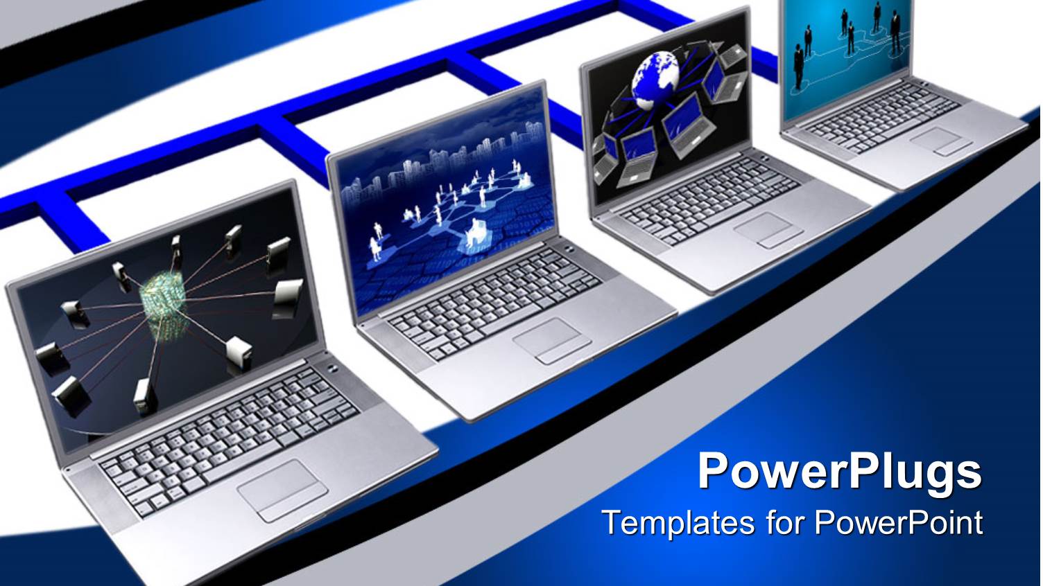 Four Laptops Showing Various Networks on their Screens on Blue and White Background