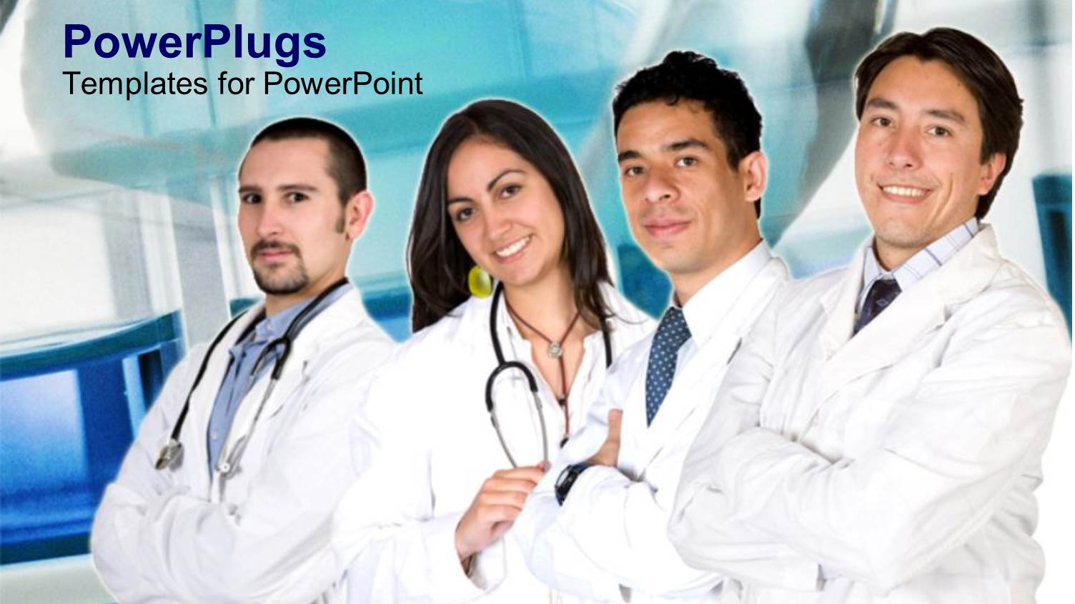 Four Medical Professionals with Stethoscopes and Lab Coats