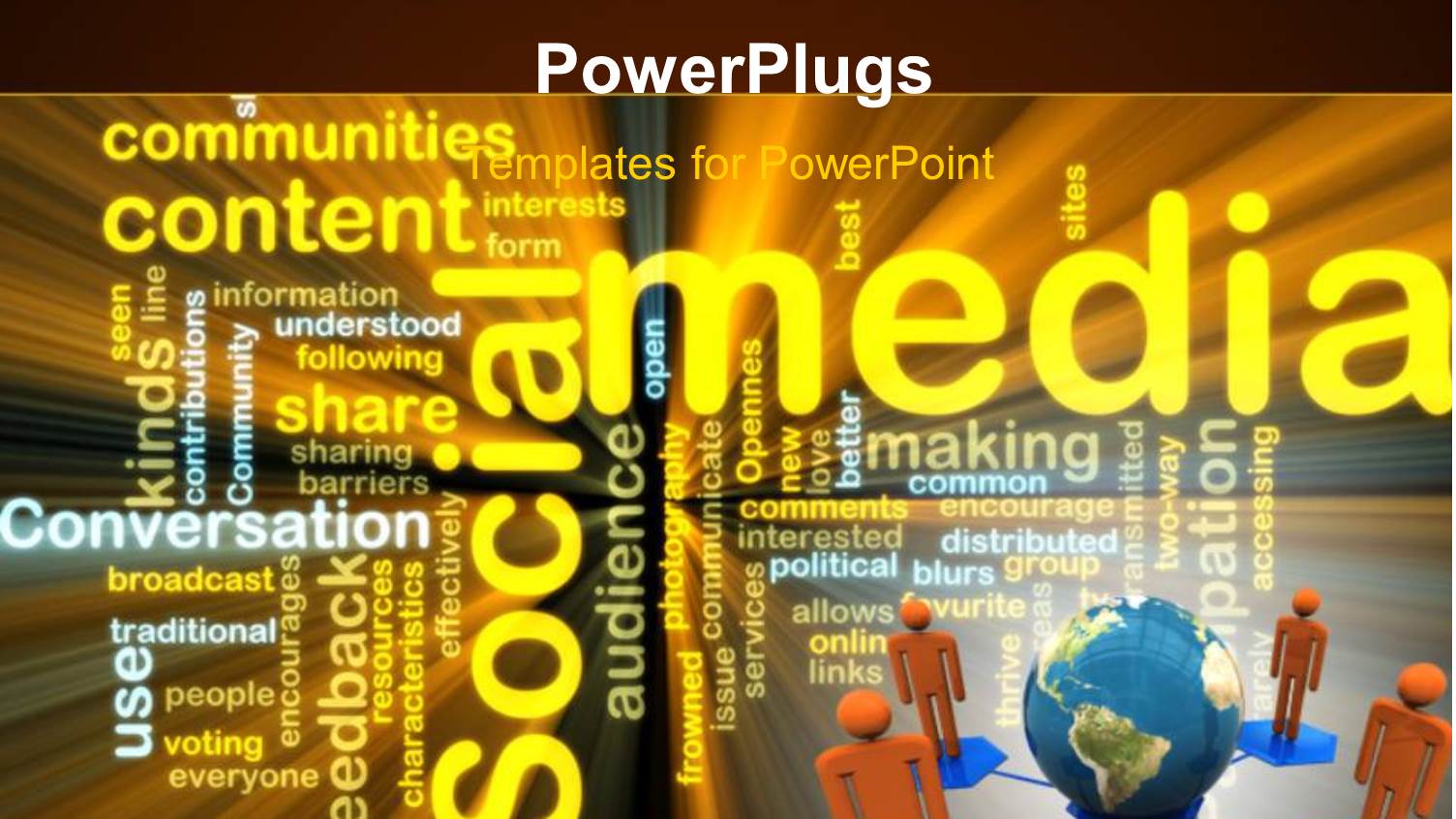 Four Orange Figures Connected to Planet Earth in Corer of Social Media Word Cloud