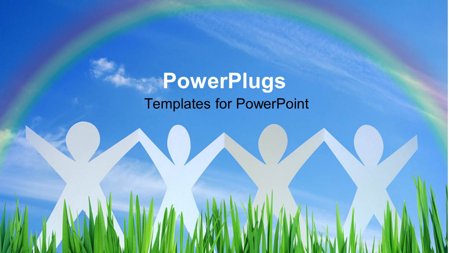 Four Paper Dolls Standing in Grass Under Rainbow