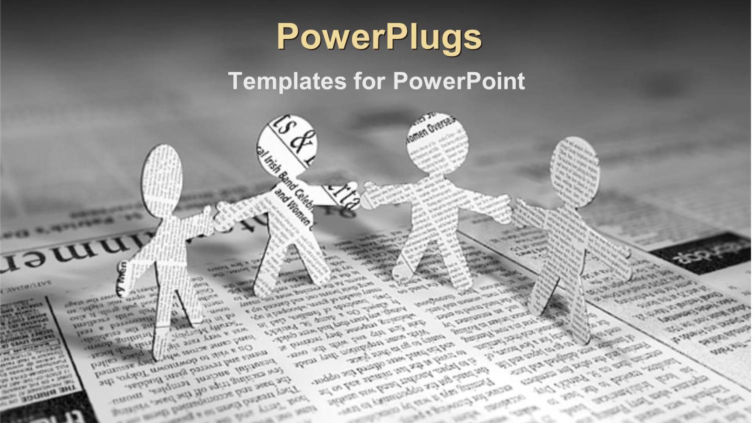 Four Paper Men Standing on Page of Newspaper Join Hands