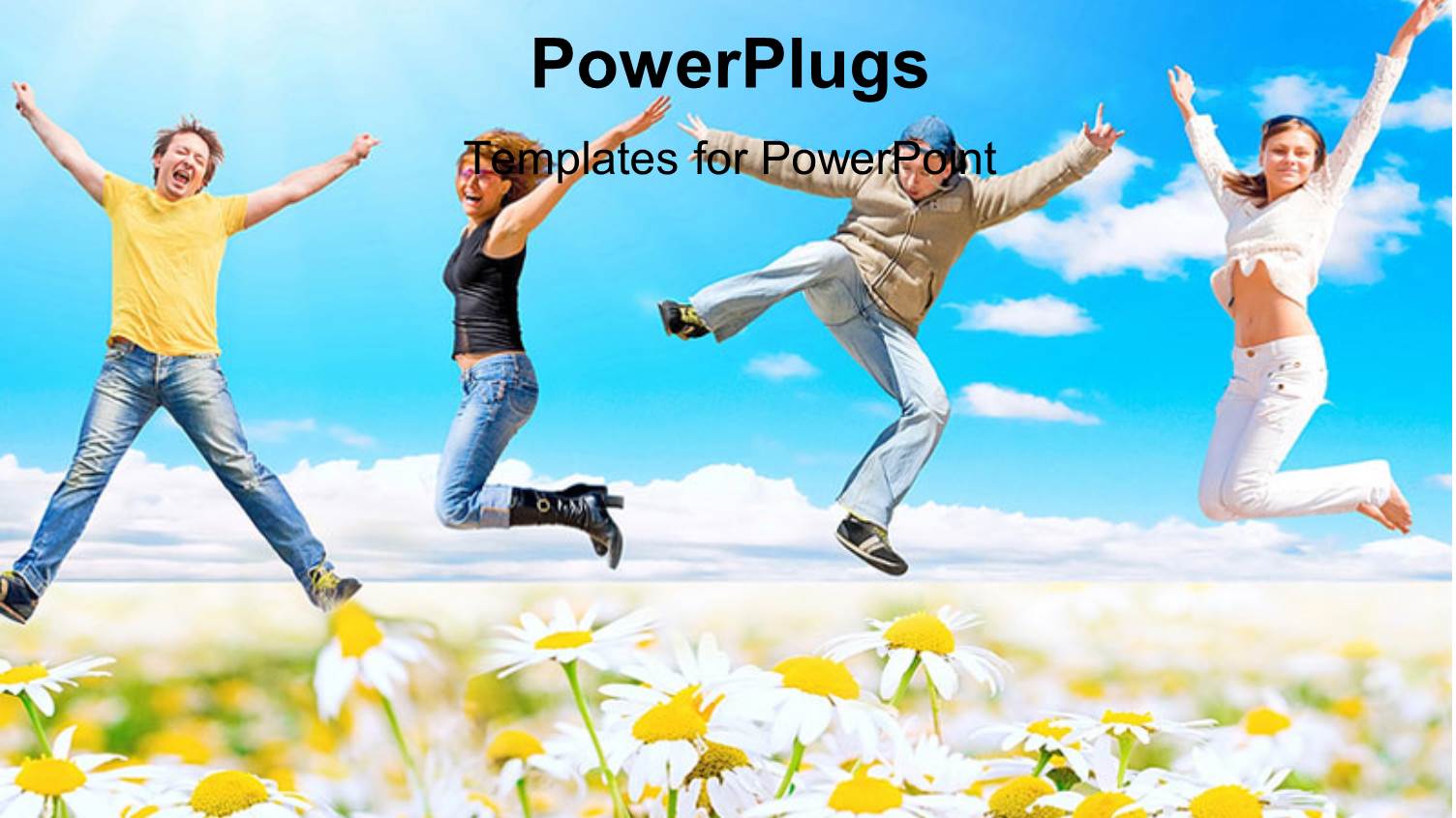 Four People Jumping for Joy Over White and Blue Background 