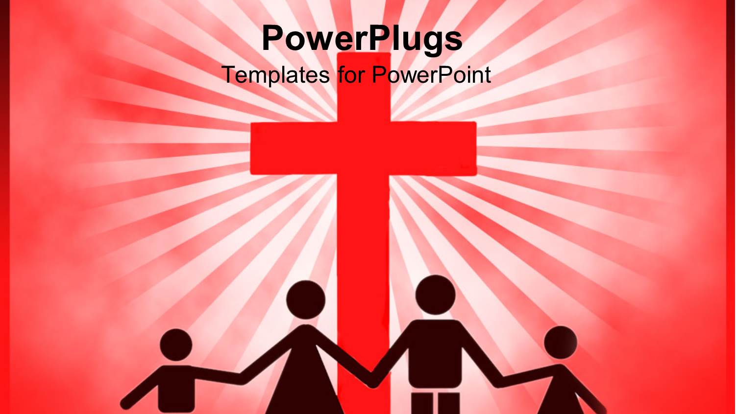 Four People Silhouettes Holding Hands in Front of big Red Cross, Family with Mother, Father and Girl and Boy