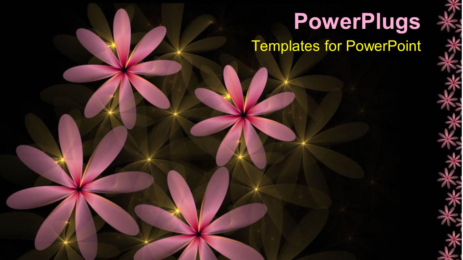 Four Pink Flowers with Yellow Lights on a Black Background