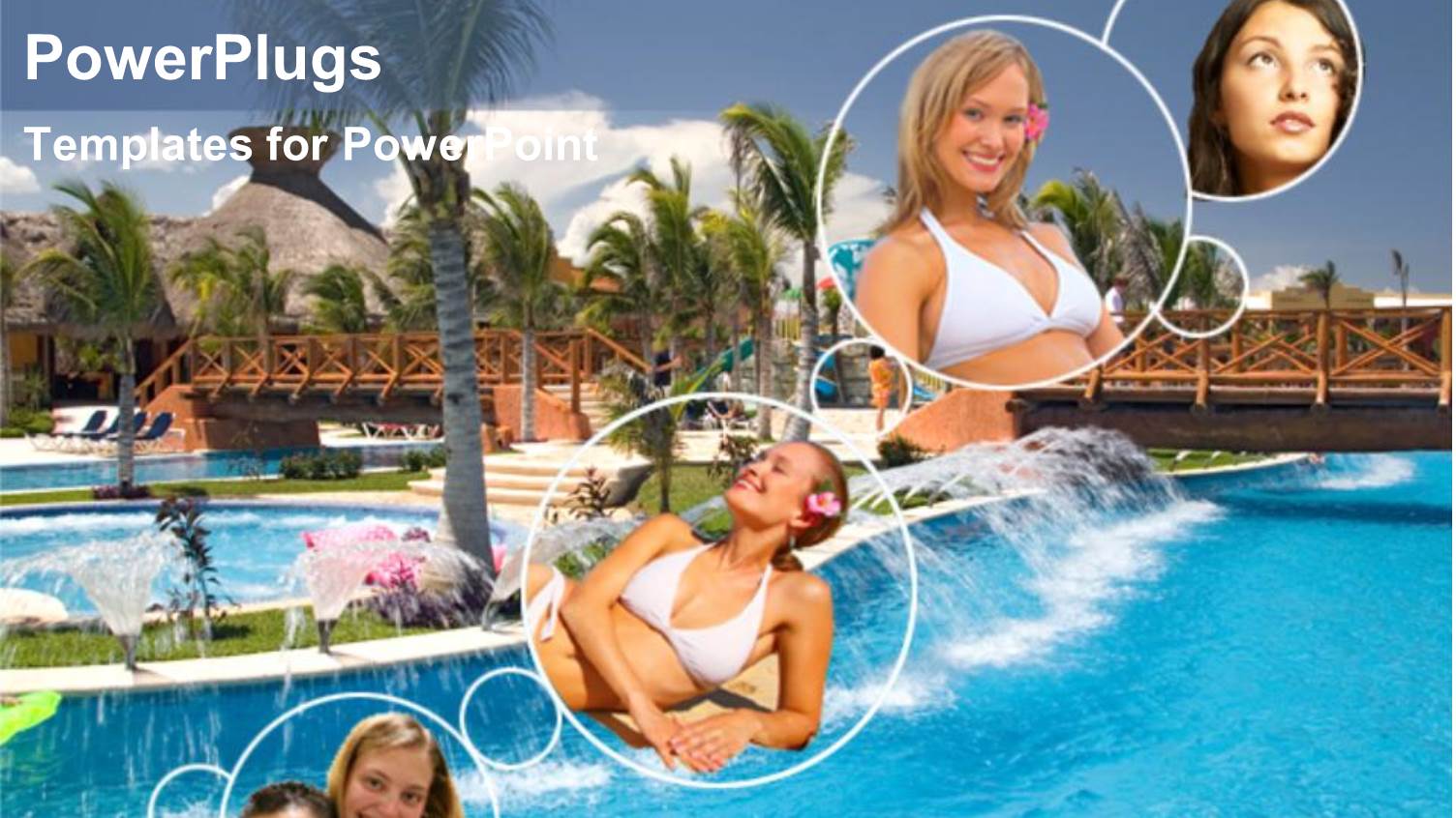 Four Round Tiles with Happy People and a Resort View Background