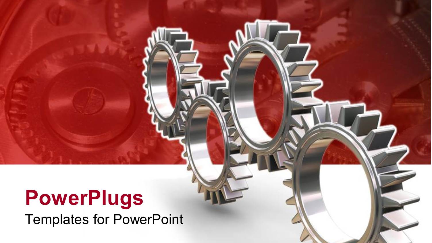 Four Silver Colored Interlocking Gears on Red and White Background
