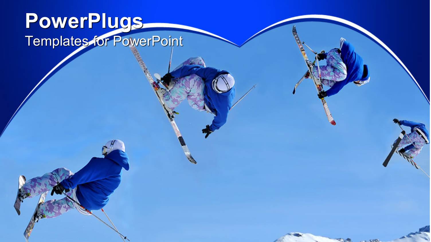 Four Ski Divers Jumping in Mid Air Over Snow Mountains