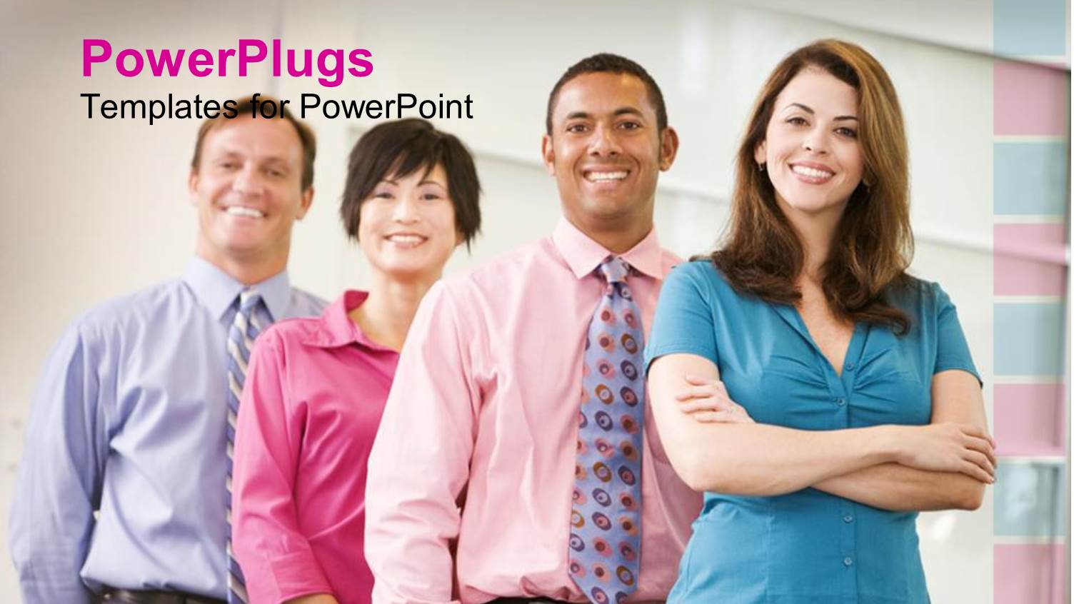 Four Smiling Business People in Brightly Colored Dress Shirts Standing in a Line