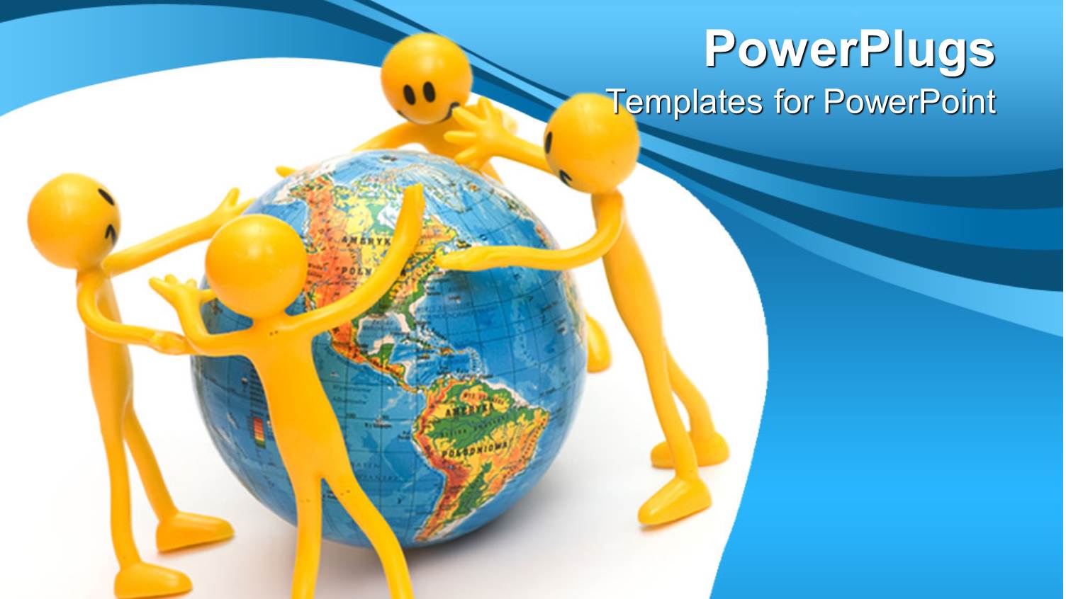 Four Smiling Yellow Figures Standing Around a Globe with Blue and White Background