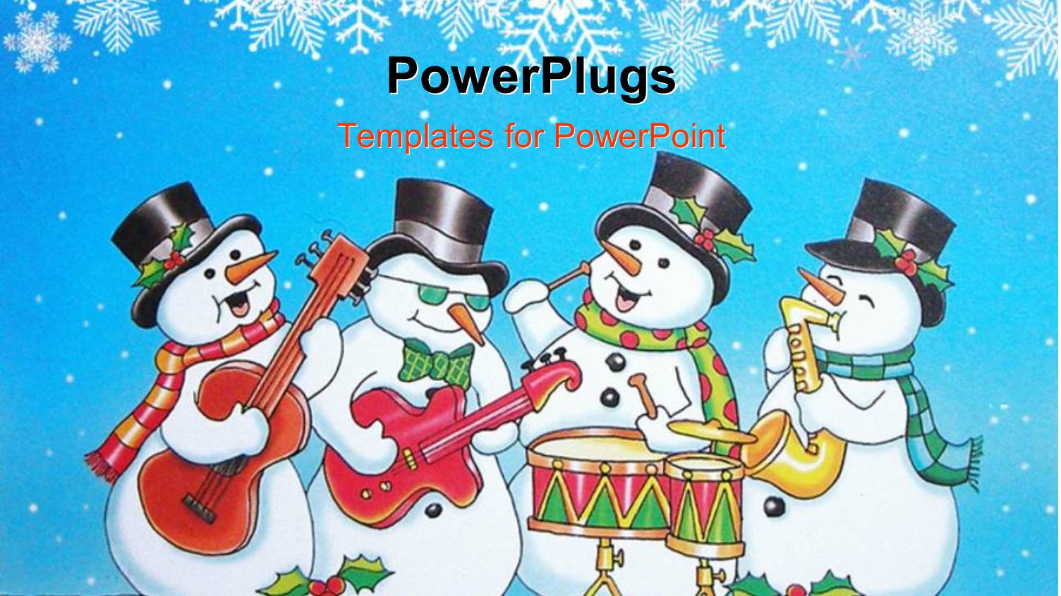 Four Snow Men Cartoon Characters Playing Different Musical Instruments