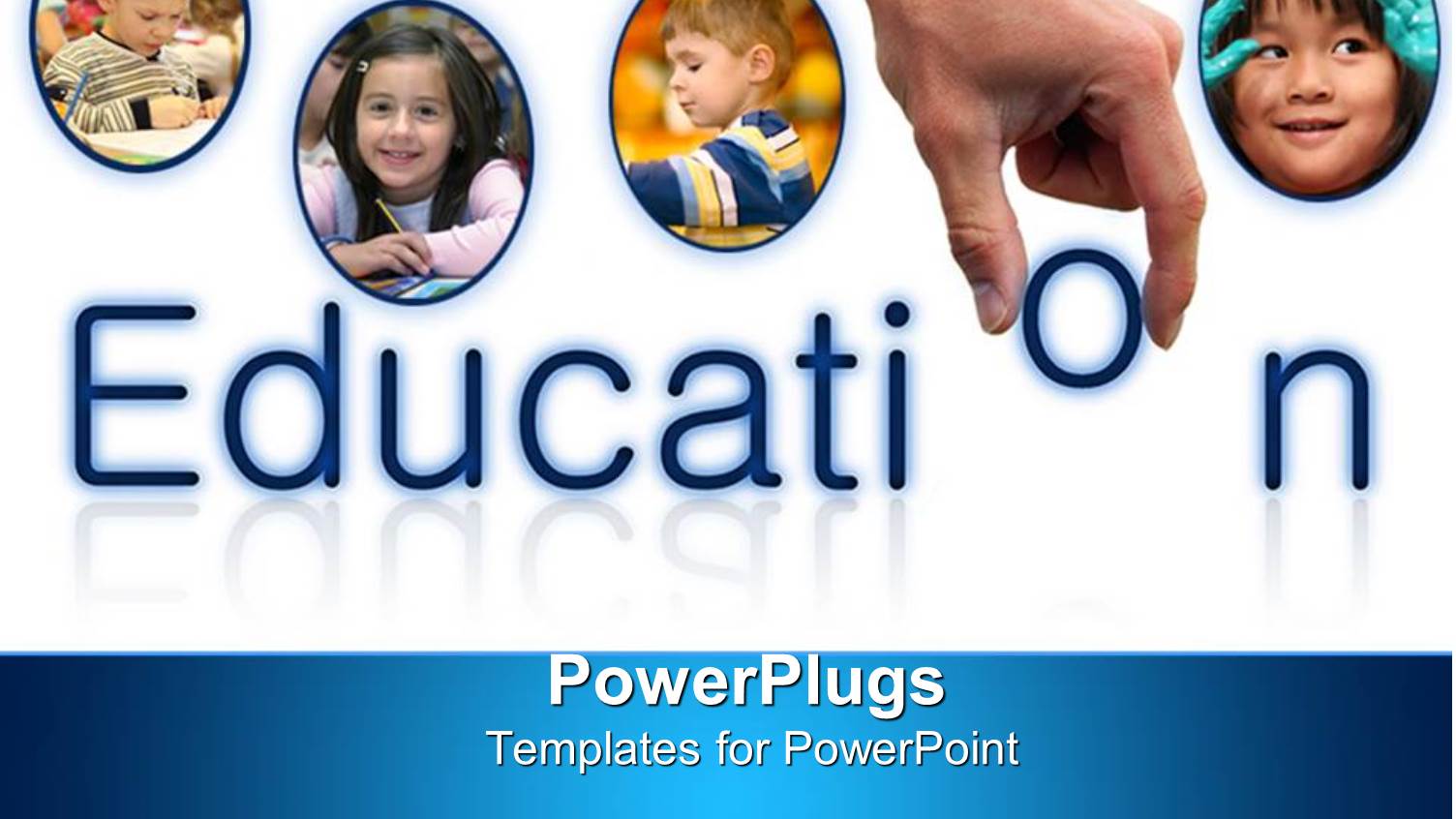 Four Tiles with Children Pictures and a Hand with Text Education