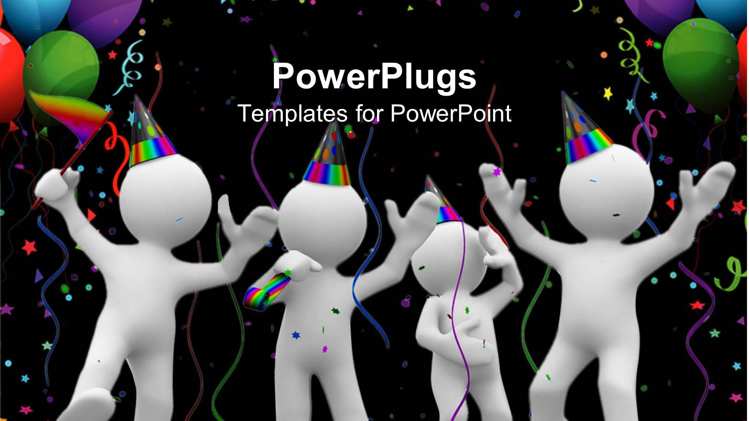Four White 3D Figures Celebrating with Party Hats, Colorful Ribbons and Balloons on Black Background