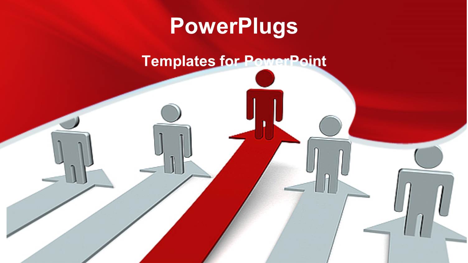 Four White 3D Human Characters on Arrows and a Red One Leading