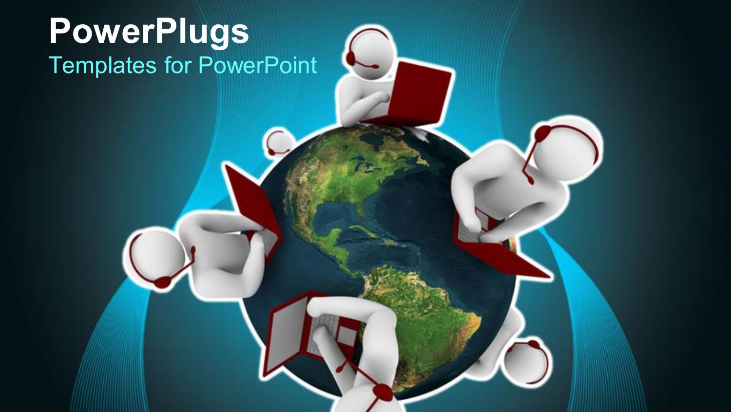 Four White Figures with Headphones and Laptops on Earth Globe