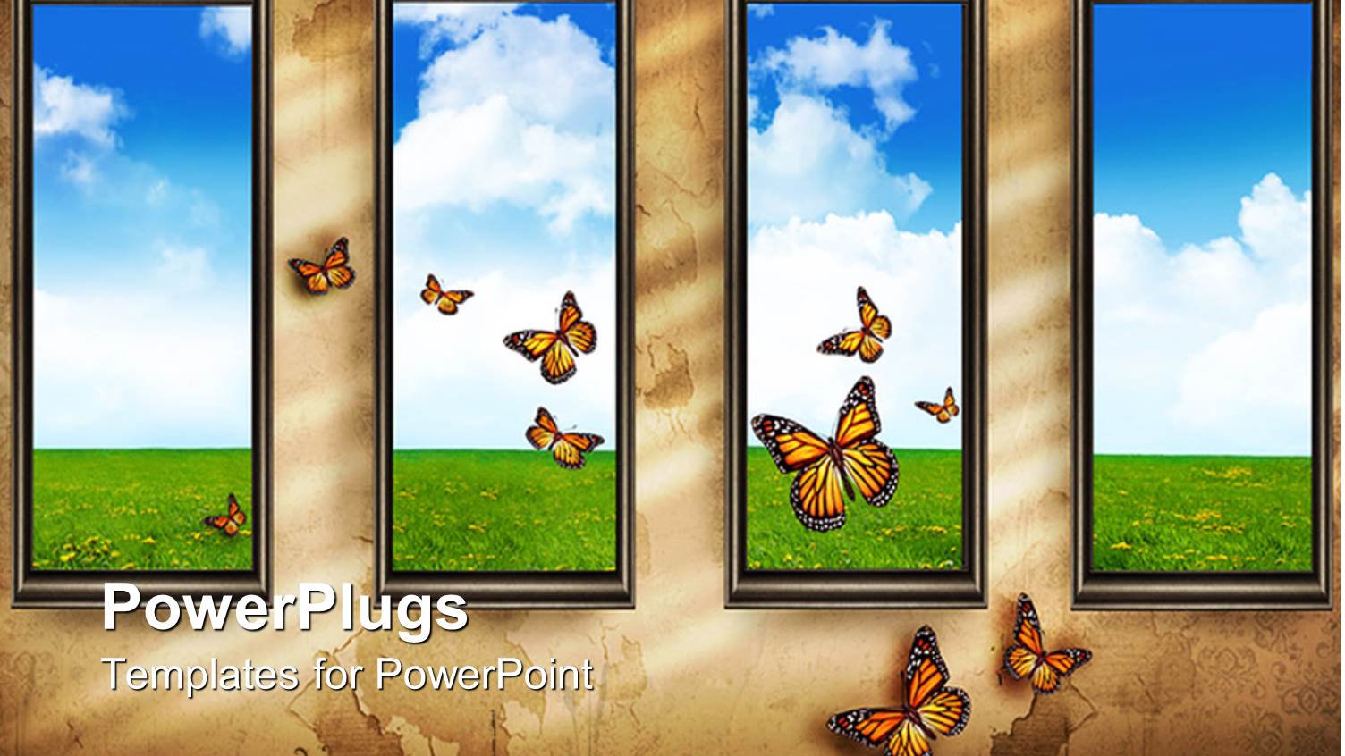 Four Windows Showing Landscape with Butterflies