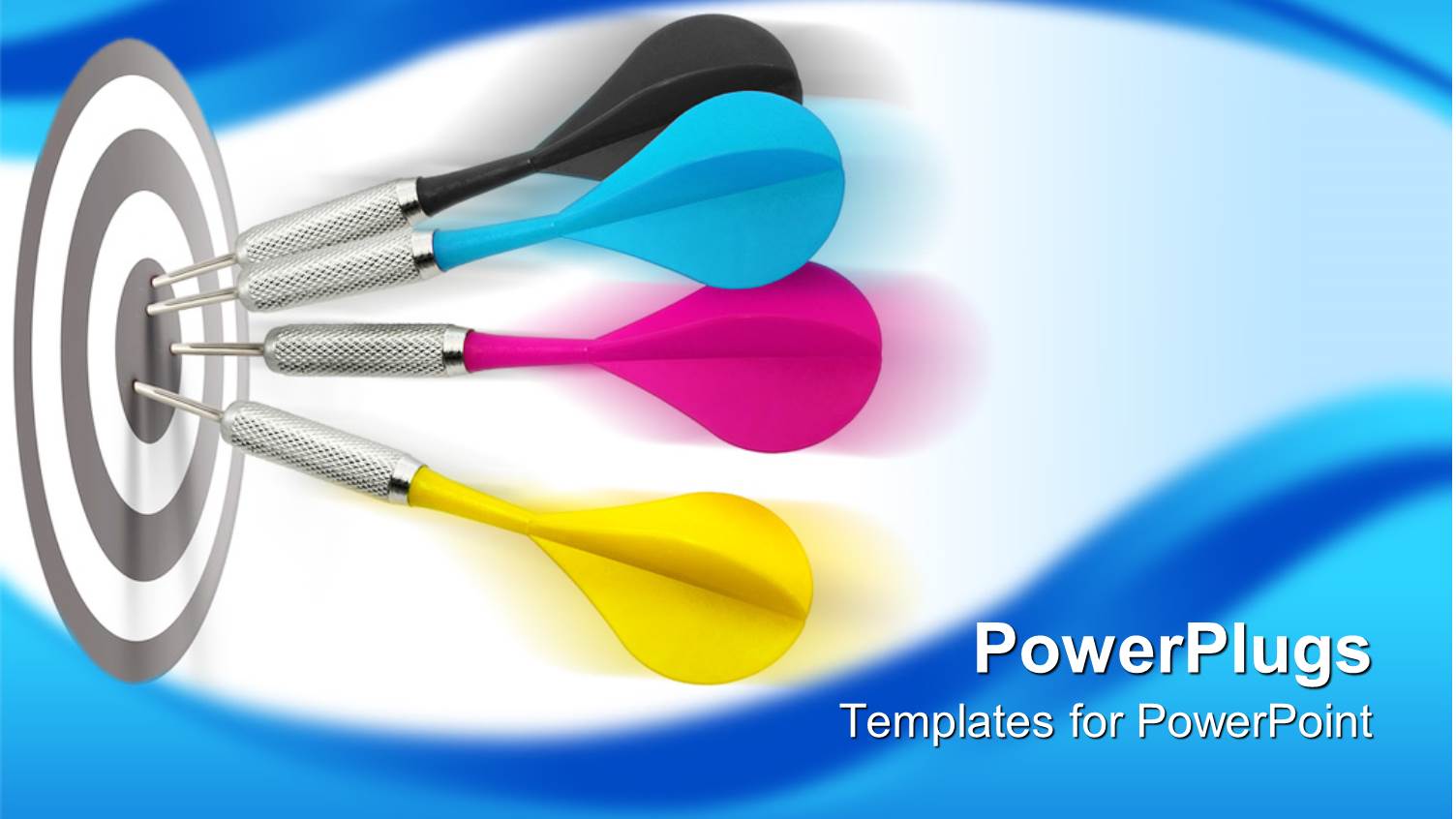 Four Yellow, Blue, Black and Pink Darts Hitting the Center of a Darts Board