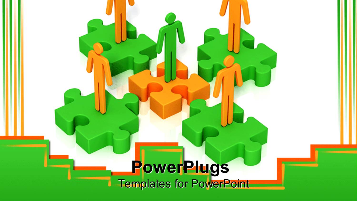 Four Yellow and Green Colored 3D Humans Standing on  Puzzle Pieces