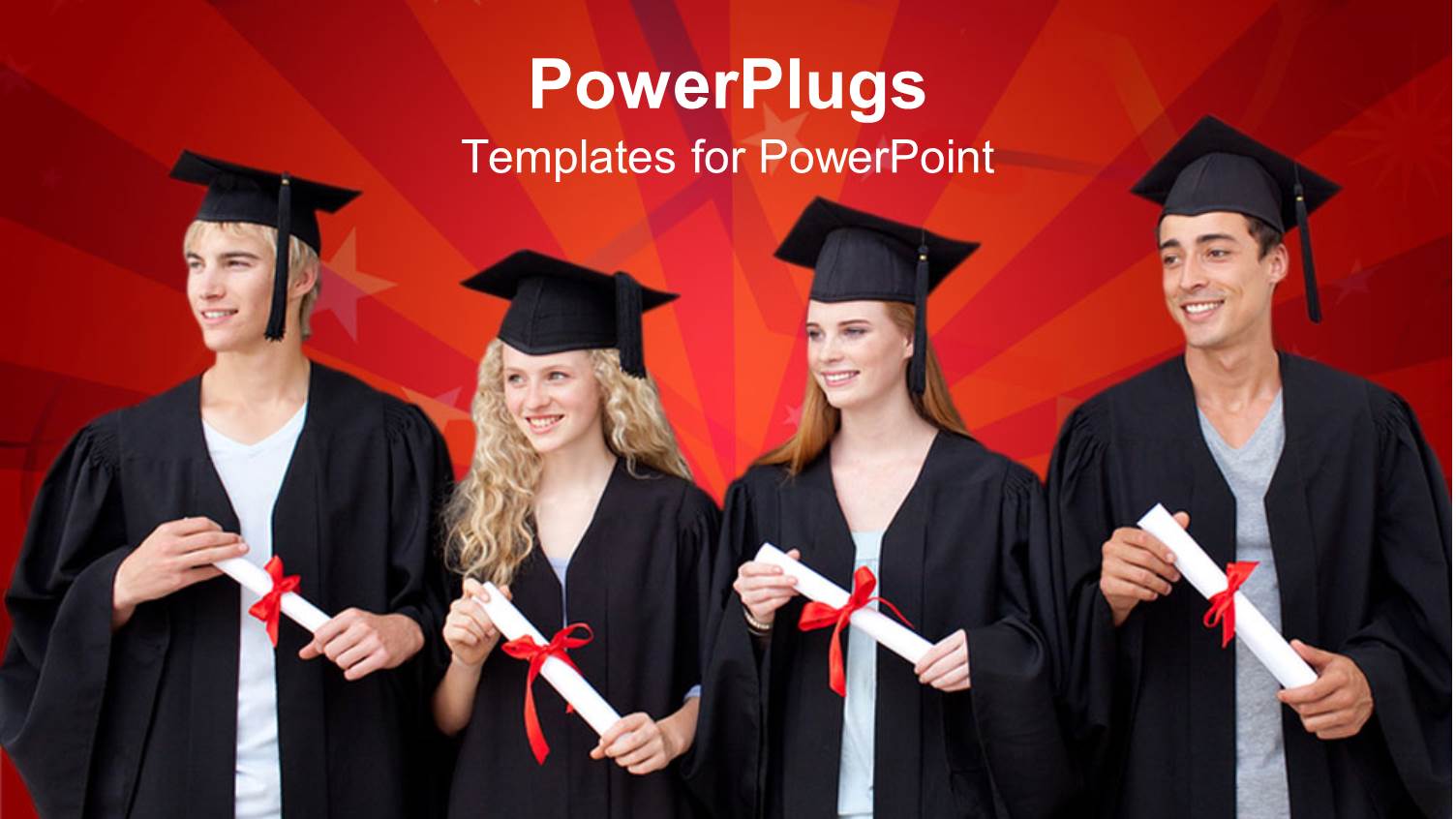 Four Young Adults in Graduation Gowns on a Red Background