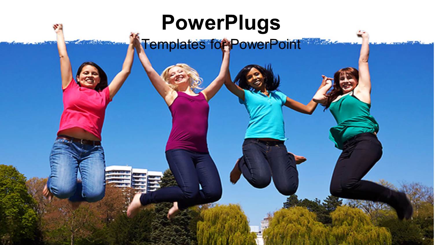 Four Young Ladies Jumping into the Air in Jubilation